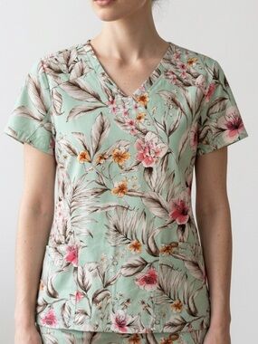 Floral Mint V-Neck Women's Scrub Short Sleeve